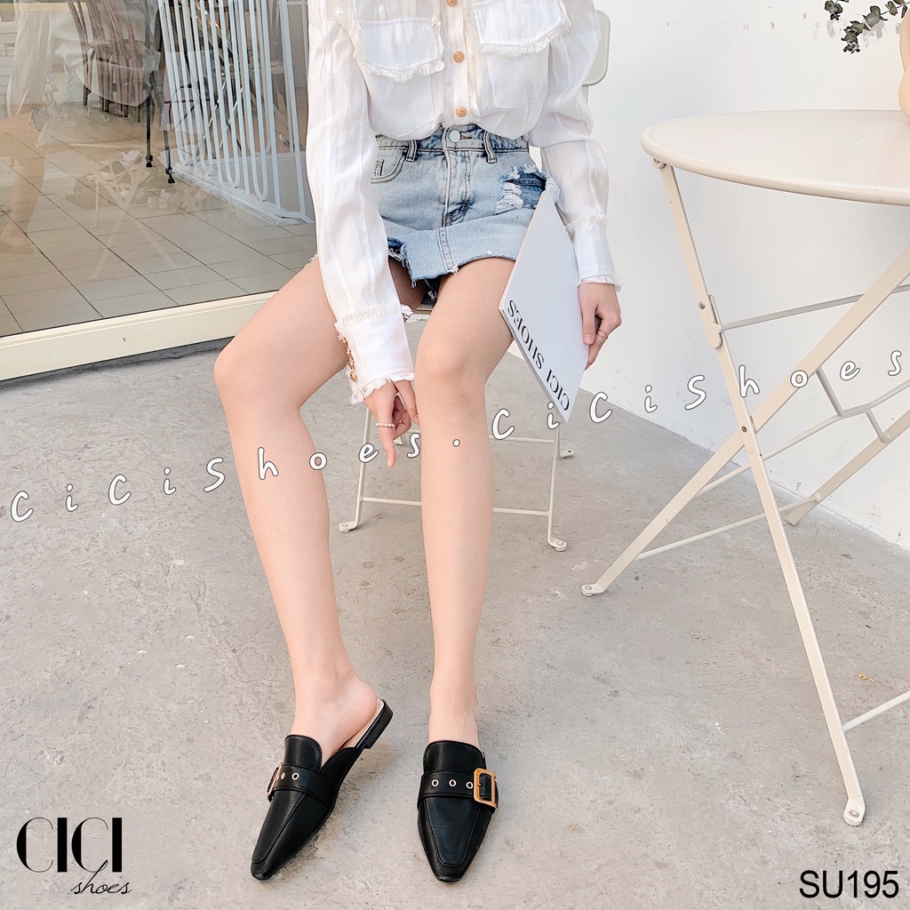 Giày sục nữ CiCi Shoes, dép sục da mũi thon đai lỗ ngang khoá D đồng - SU195