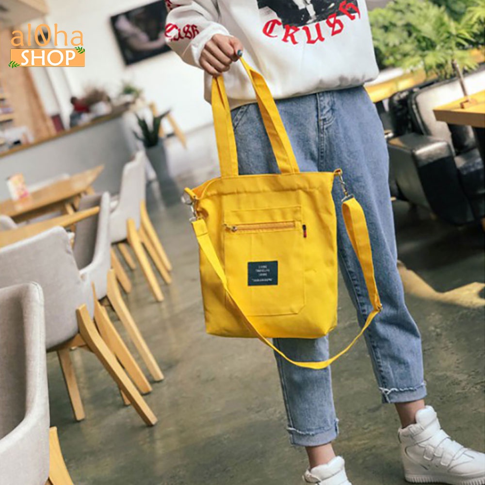 Túi tote đeo vai, đeo chéo vải bố canvas T046 nữ 2 dây đựng đồ đi học, đi chơi mềm đẹp - al0ha Shop
