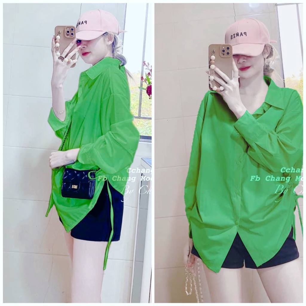 Set bộ sơ mi xanh dài tay mix quần sooc neon siêu hot