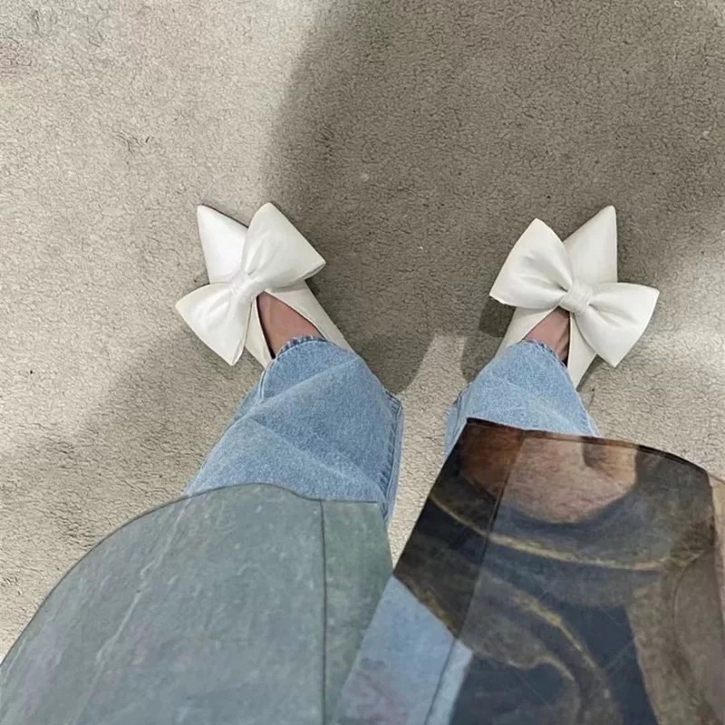 Giày Búp Bê Mũi Nhọn Đế Bệt Đính Nơ / Hoa To QCCC