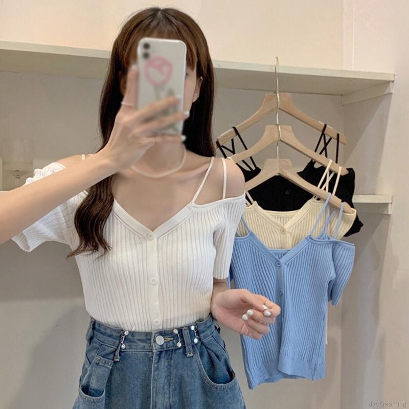 Áo Croptop Dệt Kim Trễ Vai Tay Ngắn Thiết Kế Quyến Rũ Cho Phái Nữ