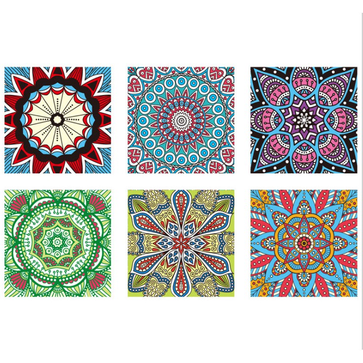 Decal gạch bông hoa văn đỏ xanh dạng rời (1 bộ 6 tấm 20cmx20cm)