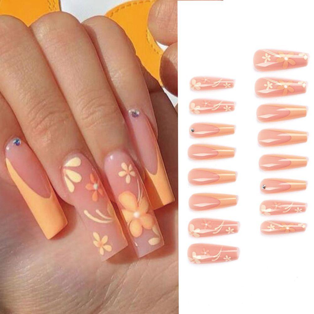 Set 24 Móng Tay Giả Hình Hoa Màu Vàng Có Thể Tháo Rời