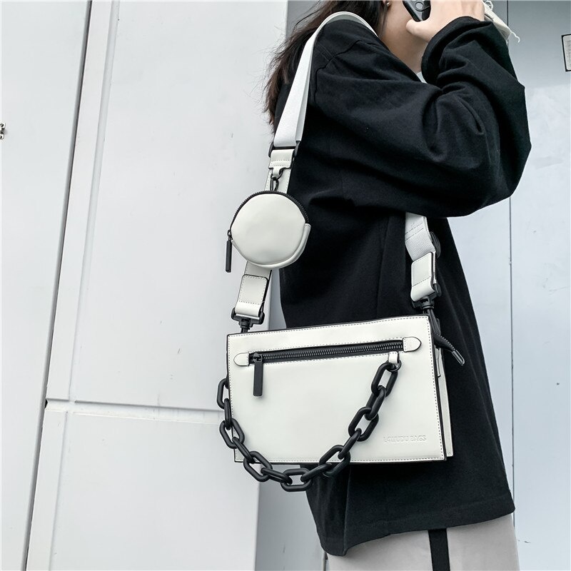 Túi đeo chéo JASMIN NOIR dáng vuông bằng nylon phối dây đeo sợi xích thời trang cá tính cho nữ