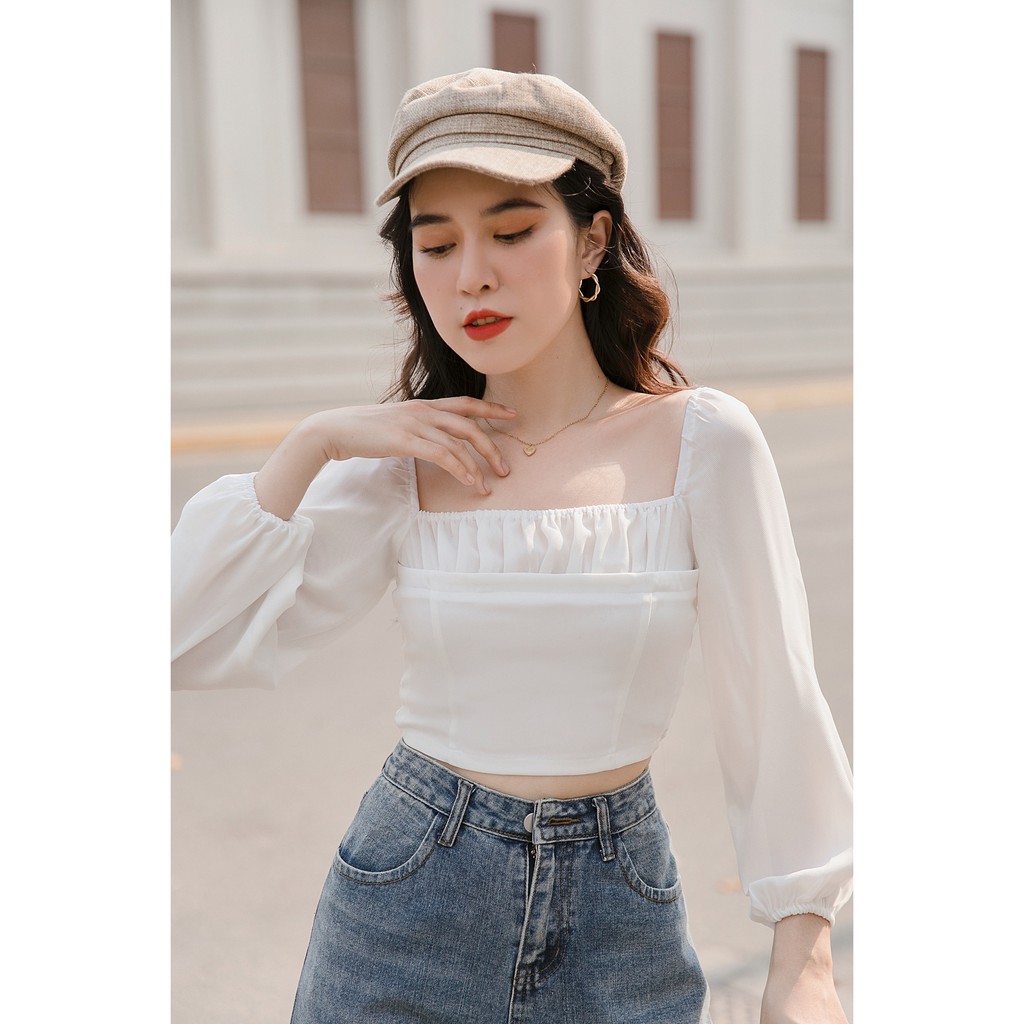 [OVERSIZED] Áo croptop trắng, cổ vuông nhún thun, tay phồng dài, bo thun thân sau [VI9]