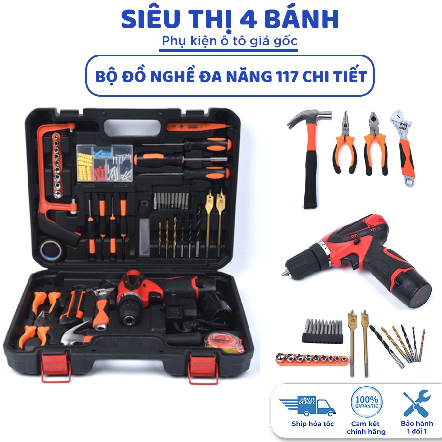 Bộ dụng cụ sửa chữa đa năng 117 món, bộ đồ nghề đa dụng có khoan cầm tay không dây CHTON 12V-3500mAH