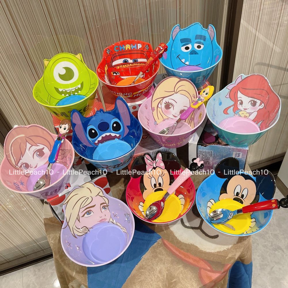 Set bộ Combo 2 món Chén và muỗng Disney nổi 3D Frozen Car Mike Sulley Princess Mickey cho trẻ em