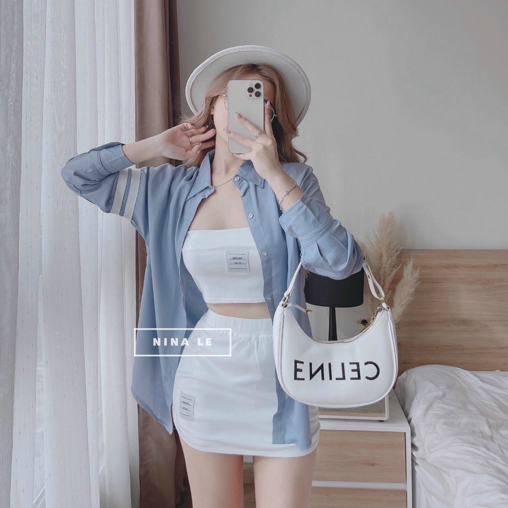 (Sale FreeShip) Sét 3 món nữ đi chơi,áo khoát lụa tay dài phối sọc kèm áo croptop mix chân váy ôm chất đẹp hàng chuẩn