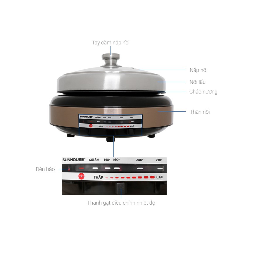 [CHÍNH HÃNG] NỒI LẨU - NƯỚNG ĐIỆN SUNHOUSE SHD4526 4L 1300W -9 MỨC NHIỆT -CHỐNG DÍNH -NẮP THỦY TINH - TỰ NGẮT (MÀU ĐỒNG)