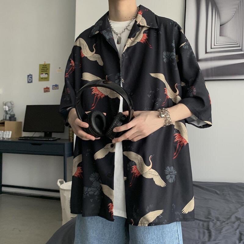 [Mã WAMT10K giảm 10k cho đơn 0k] Áo sơ mi unisex in hình hạc (đen/xanh) kèm ảnh thật | BigBuy360 - bigbuy360.vn