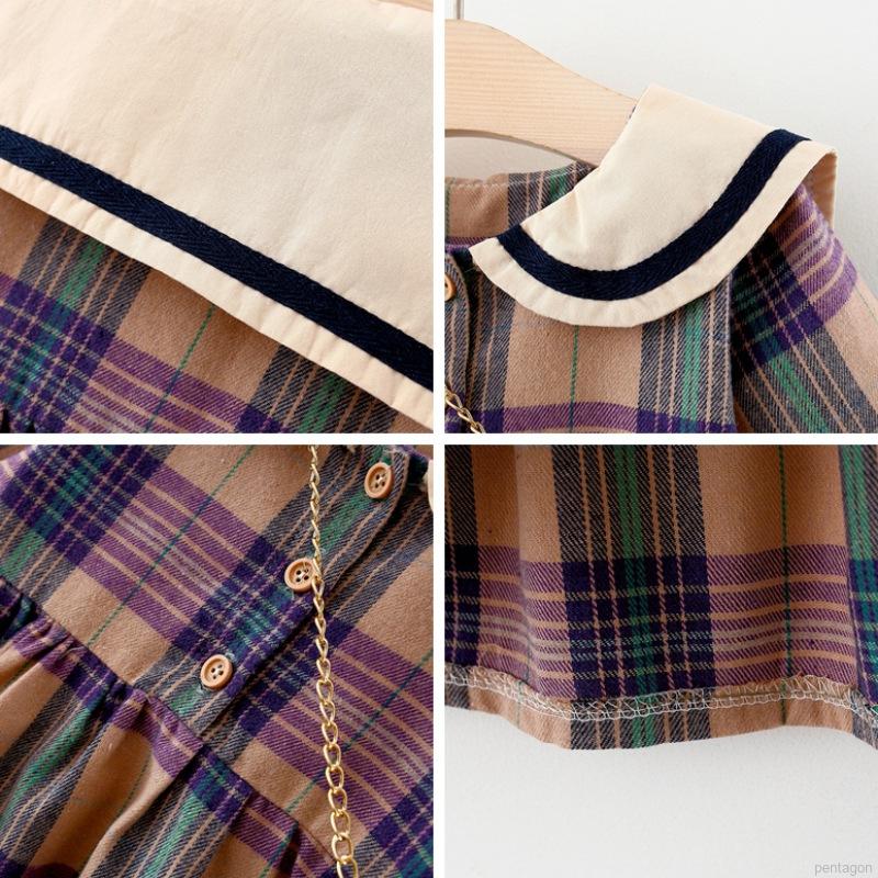 Đầm Ca Rô Dài Tay Cổ Thủy Thủ Xinh Xắn Dành Cho Bé Gái