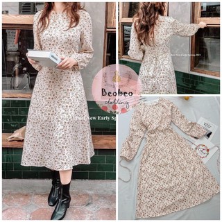 [Ảnh thật] Đầm midi hoa nâu tay bo phồng thắt nơ vintage