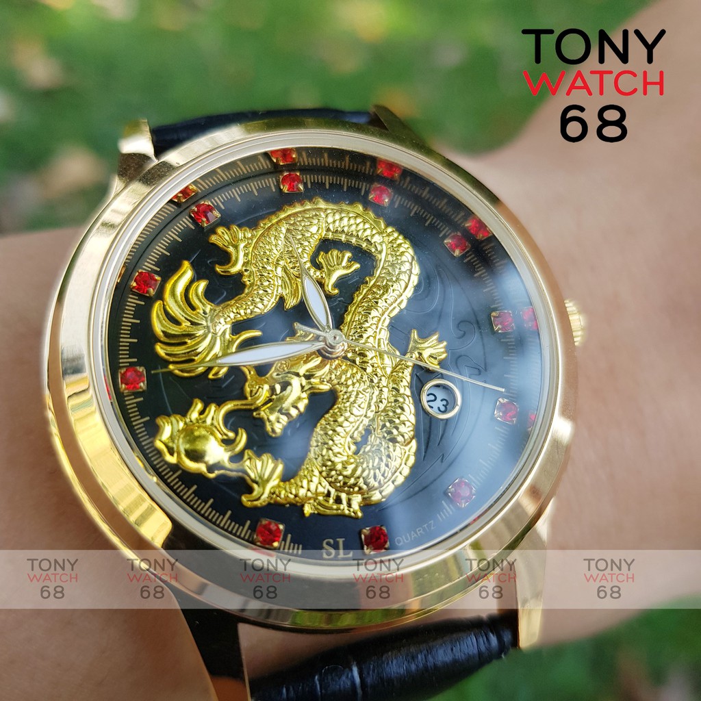 Đồng hồ nam SL dây da mặt rồng nổi mạ vàng đá xanh đỏ có lịch quyền lực chính hãng Tony Watch