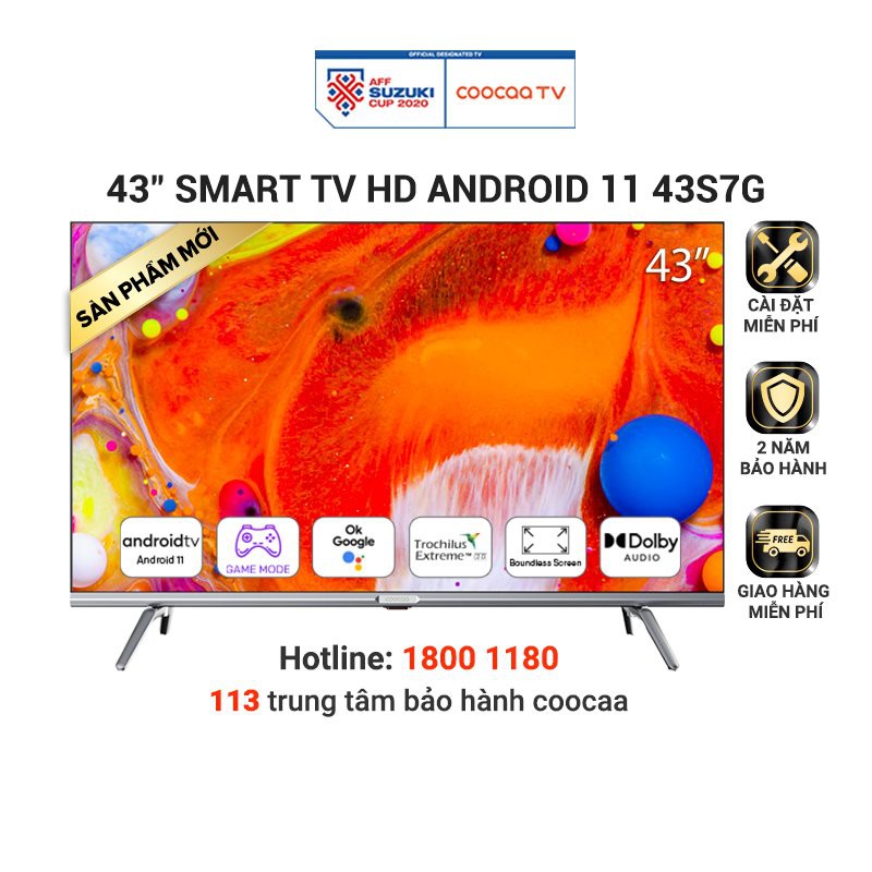[Lưu COOC43S7G - 1TR2 và ELCOOCAA - 1TR] Smart TV Full HD Coocaa 43 Inch Wifi - 43S7G - Android 11 - Miễn phí lắp đặt