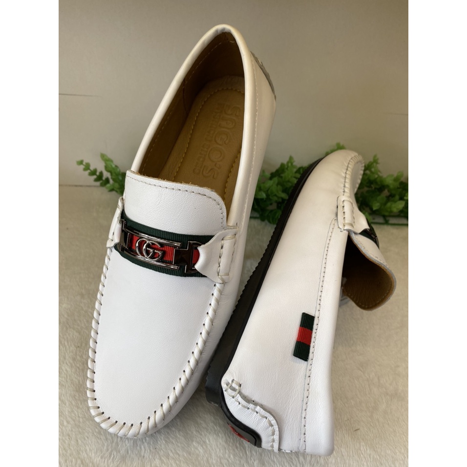 Giày Mọi Trắng Nam Da Bò Thật-Giày Lười Da Cao Cấp Màu Trắng  -MT20 Giày SAGO’S tặng 1 vớ BH 12 tháng