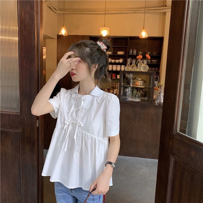 Áo Sơ Mi Tay Ngắn Dáng Rộng Màu Trơn Cột Nơ Dễ Thương Thời Trang Mùa Hè Cho Bạn Gái