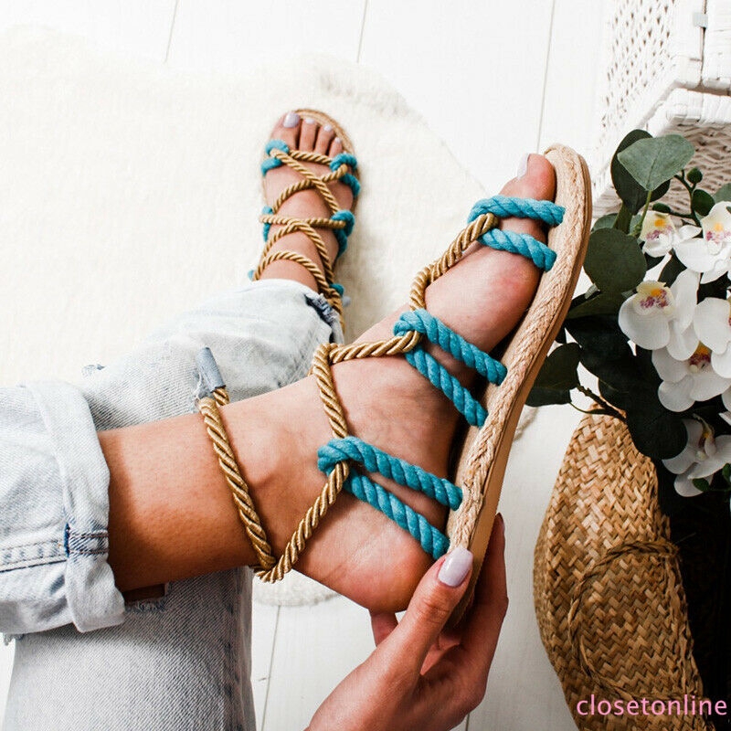 Giày sandal đế bằng đan dây thời trang cho nữ
