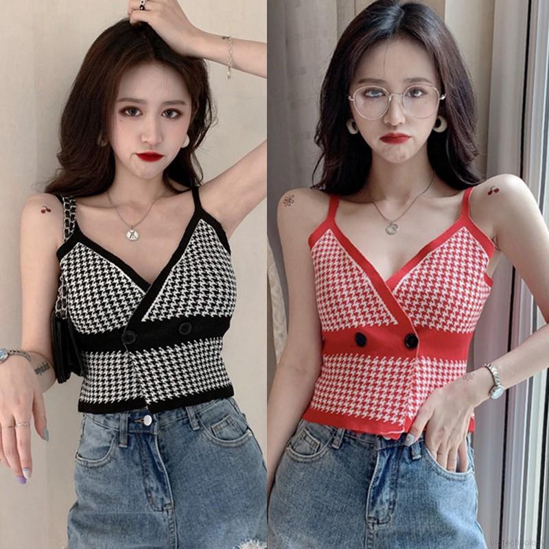 Summer Women Plaid Print Sleeveless Sexy Short Camisole