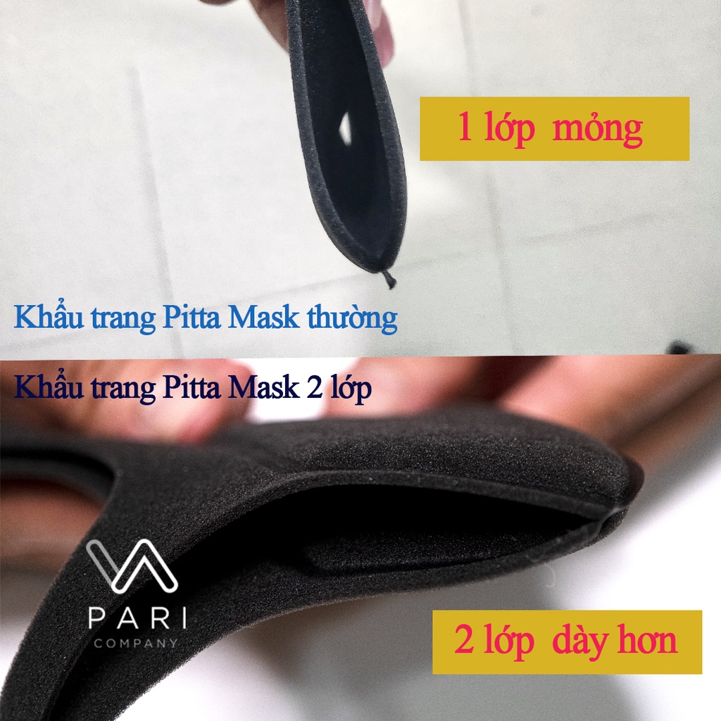 Khẩu trang Pitta Mask 2 lớp màu đen, mặt nạ chống bụi mịn gói 1 cái, kháng khuẩn hàng nội địa nhật (giặt thoải mái)