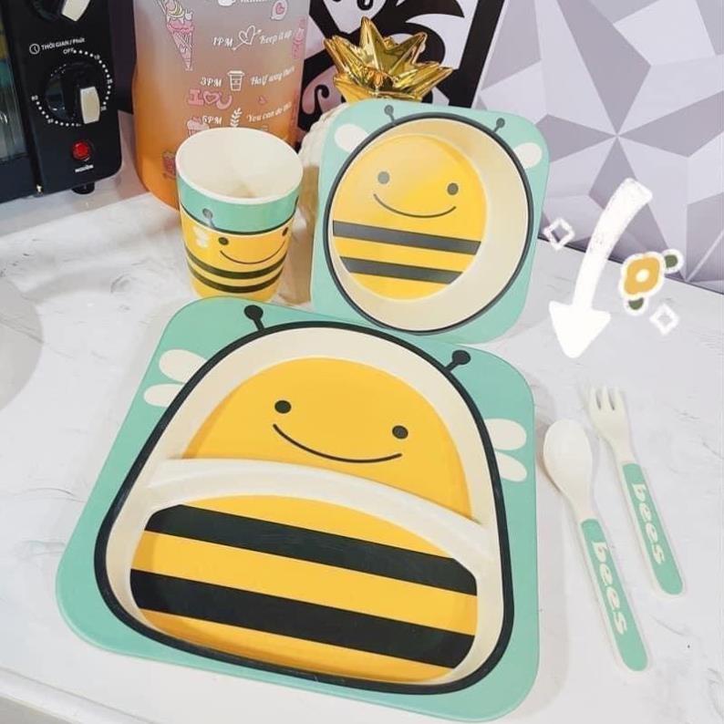 [FreeShip]  Bộ Bát Ăn Dặm Nhiều Hình Kute Cho Bé 5 Món Khay, Bát, Cốc, Thìa, Dĩa