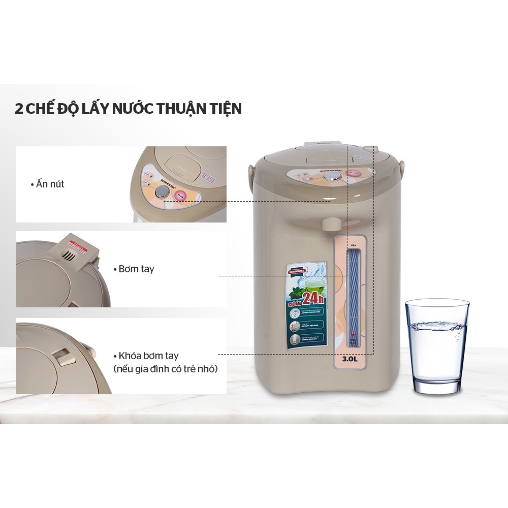 Bình thủy điện Sunhouse SHD1530-Dung tích 3.0L-Công suất 750W-Tự động ngắt-Bảo hành chính hãng 12 tháng