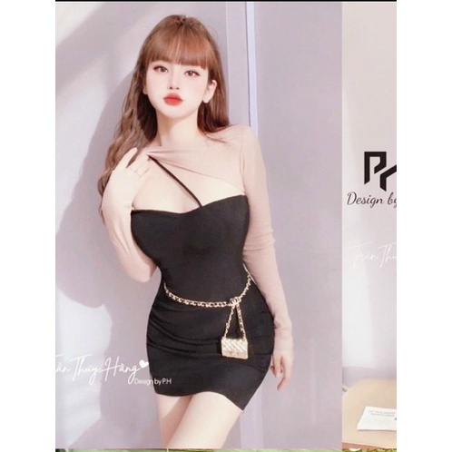 Sét đầm 2 dây trơn body phối áo kiểu tay dài cực xinh , chất thun gân mềm mịn
