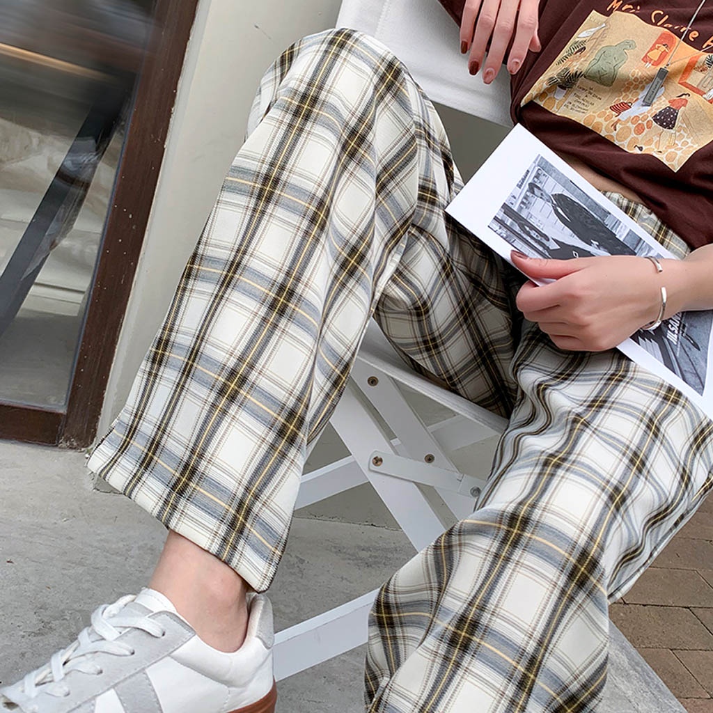 Quần Kẻ Caro Nữ Ống Suông Rộng Culottes Unisex PLAID Gam Màu Pastel ULZZANG Kiểu Quần Ống Rộng Nữ Cạp Cao Leevin Store