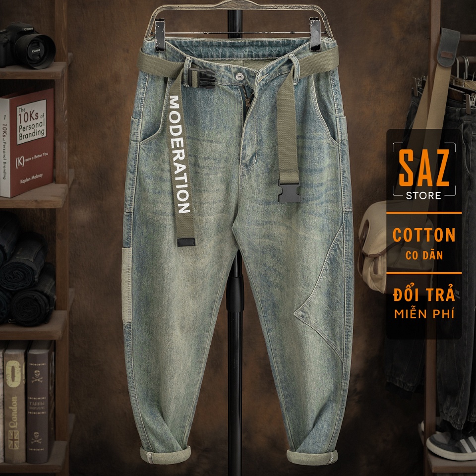 Quần jean nam màu nâu ống rộng chất Cotton vải bỏ dày dặn co dãn thấm hút mồ hôi tốt - Quần Jean T1