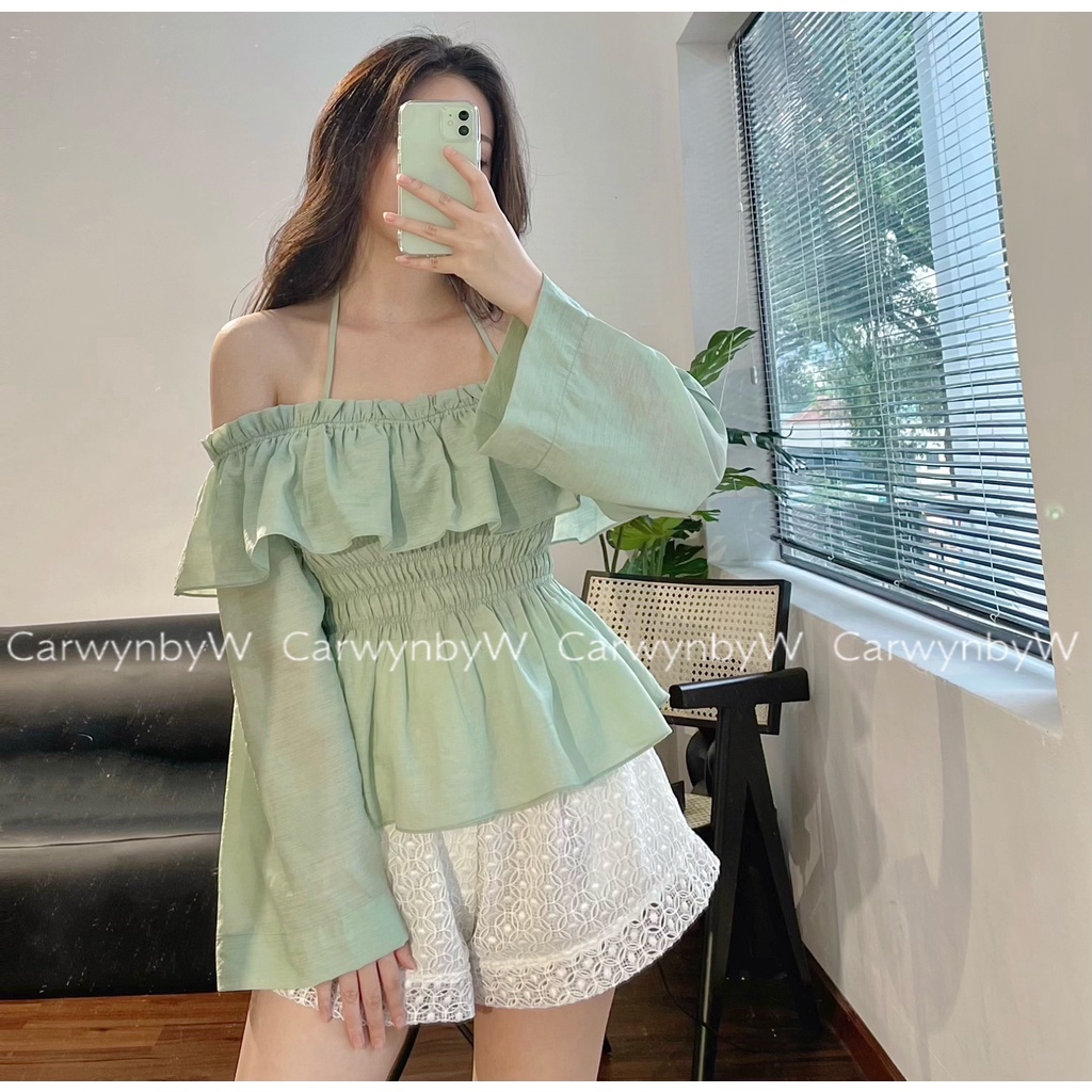 CarwynbyW - Áo Bèo Trễ Vai Tay Dài Nhúng Eo Màu Pastel