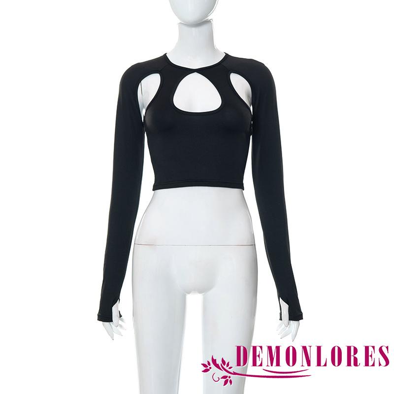 Áo Croptop Tay Dài Cổ Tròn Màu Trơn Thời Trang Mùa Hè Dành Cho Nữ