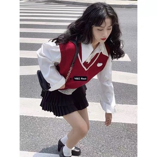 Áo gile len đỏ trơn viền trắng