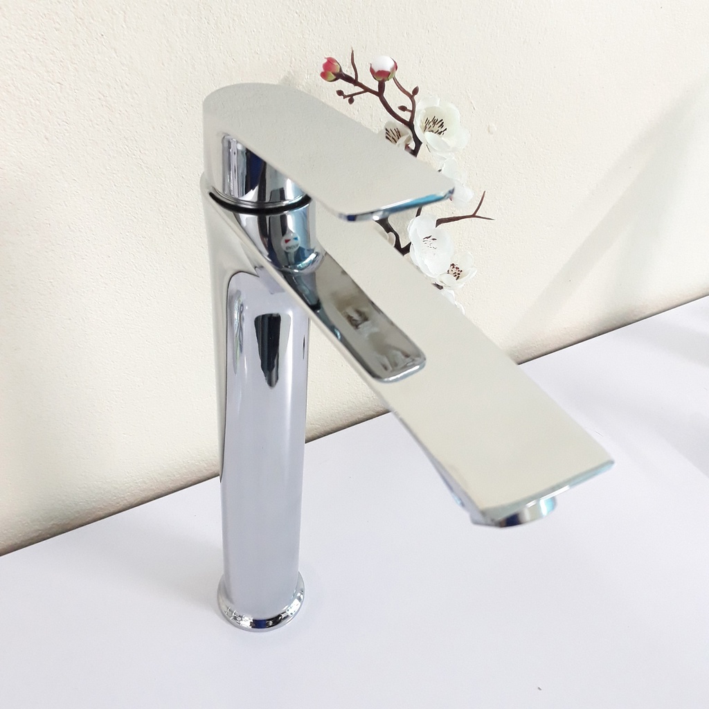 Vòi Bồn Rửa Mặt, Lavabo Nóng Lạnh Inox 304 Thân Trụ Cần Gạt Bằng 30cm Mạ Màu Bạc Với Lõi Đồng Cao Cấp