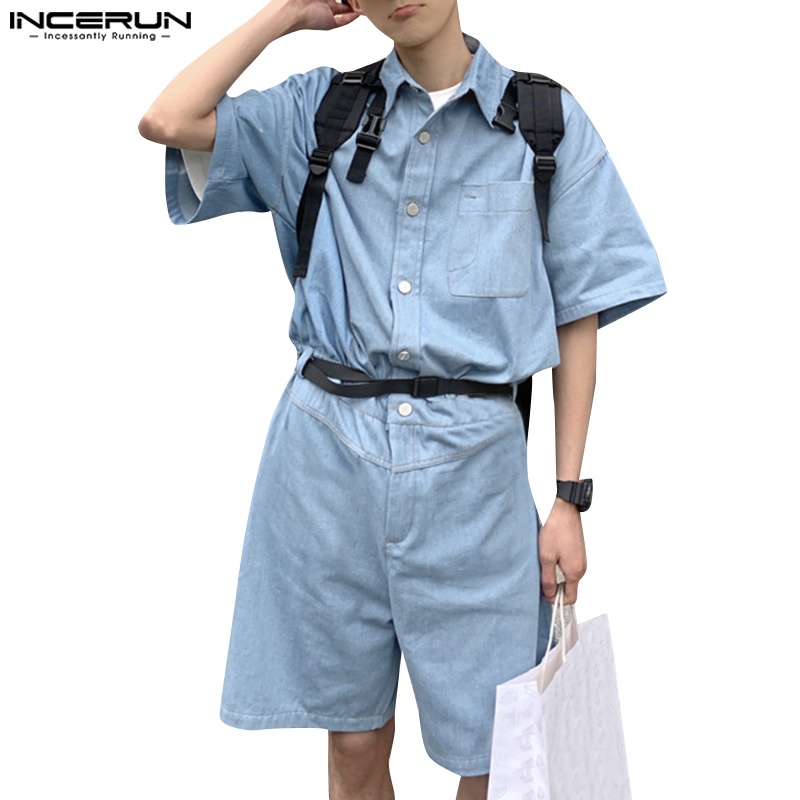 Jumpsuit denim INCERUN ngắn tay phối nút thời trang mùa hè cho nam