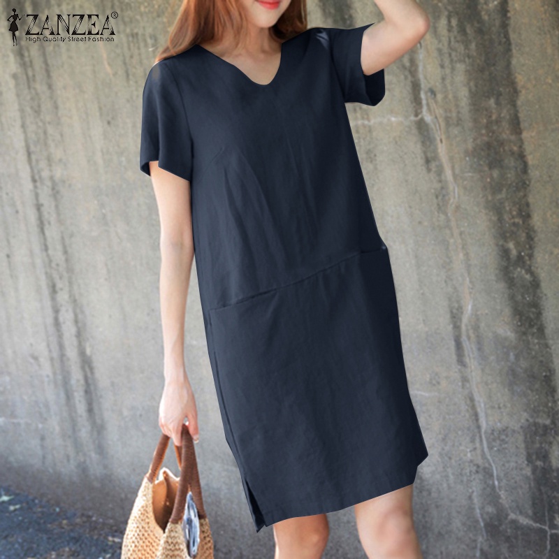 Đầm ZANZEA ngắn tay cổ chữ v xẻ tà thời trang cho nữ