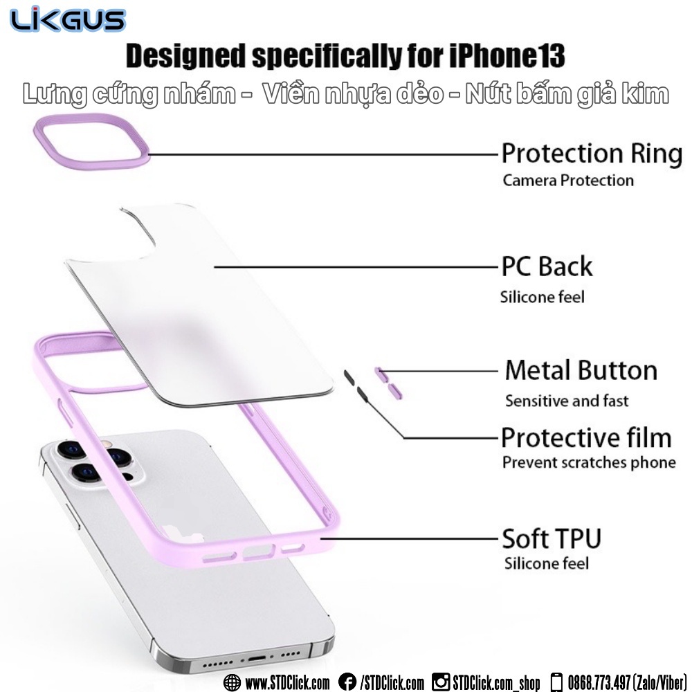 ỐP LƯNG IPHONE 13 PRO MAX - 13 PRO - 13 LIKGUS GEAR PRO LƯNG NHÁM VIỀN DẺO CHÍNH HÃNG