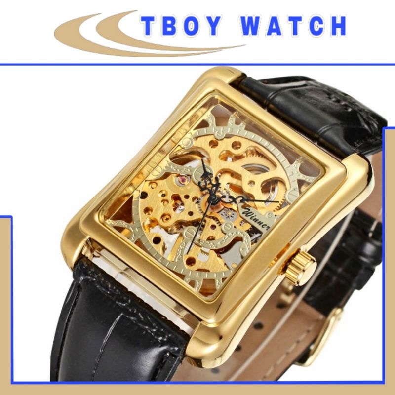 Đồng hồ cơ lên cót nam mặt vuông mạ vàng dây da bò tốt Chính hãng Winner Hottrend thời trang sang trọng -D20-