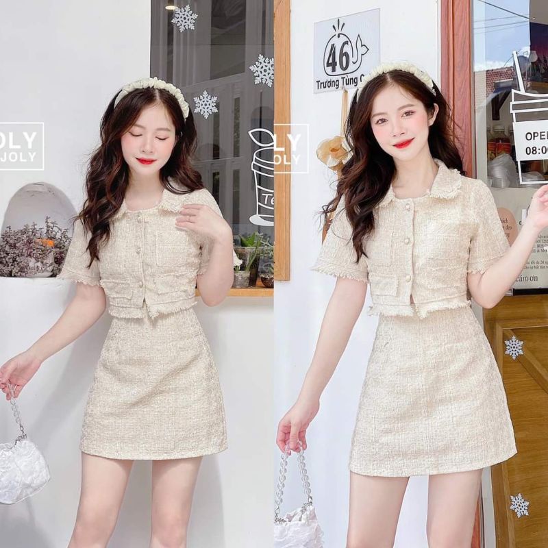 Set dạ tweed xanh dương, hồng, nude cúc ngọc sang chảnh