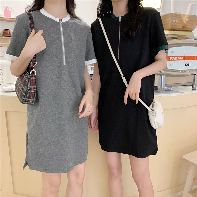 SUXI Đầm thun ngắn tay màu trơn phối khóa kéo phong cách trẻ trung năng động cho nữ