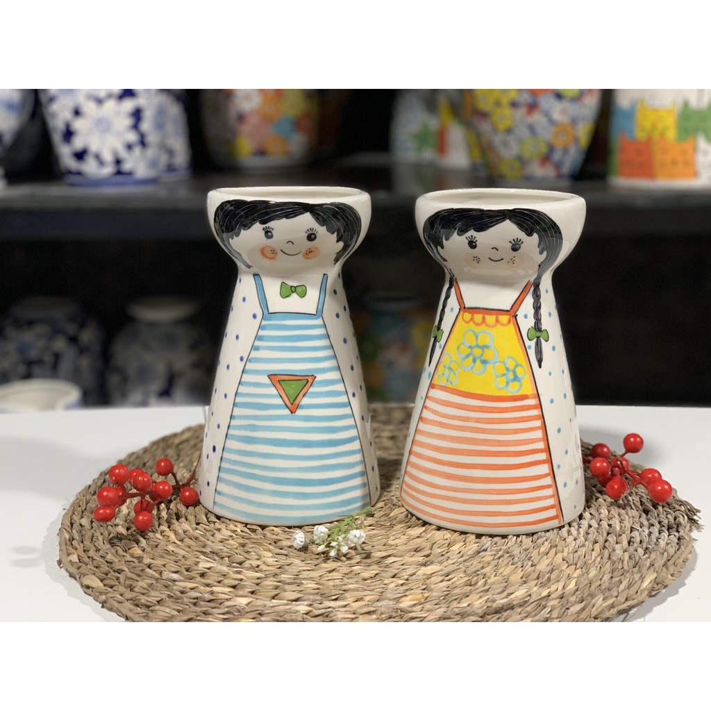 [cao 15cm] Bình hoa búp bê mini gốm sứ bát tràng trang trí bàn học, làm việc, trưng bày, Decor