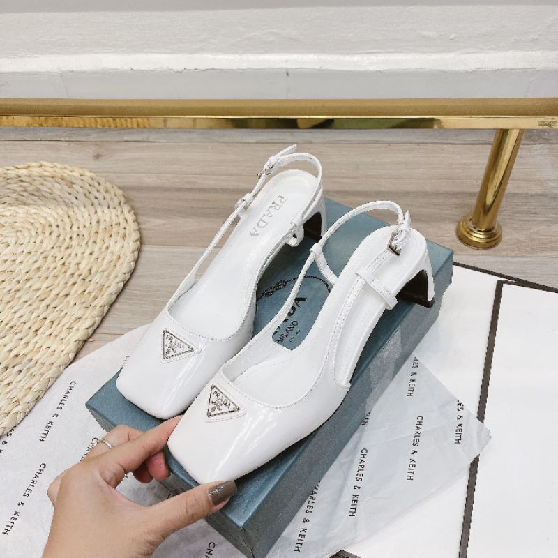 HVit(ẢNH THẬT) Sandal 5 Gót Dẹp Prada Mũi Vuông Da Mềm Êm Fullbox Bill Túi Cao Cấp