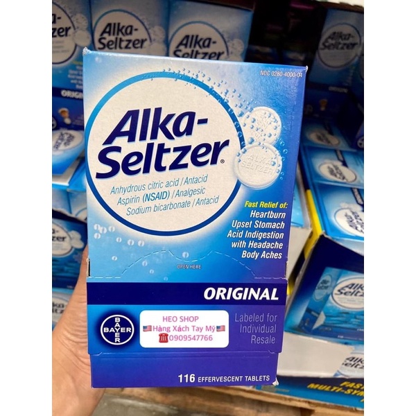 Viên sủi Mỹ đau dạ dày đầy hơi Alka Seltzer hộp 116 viên