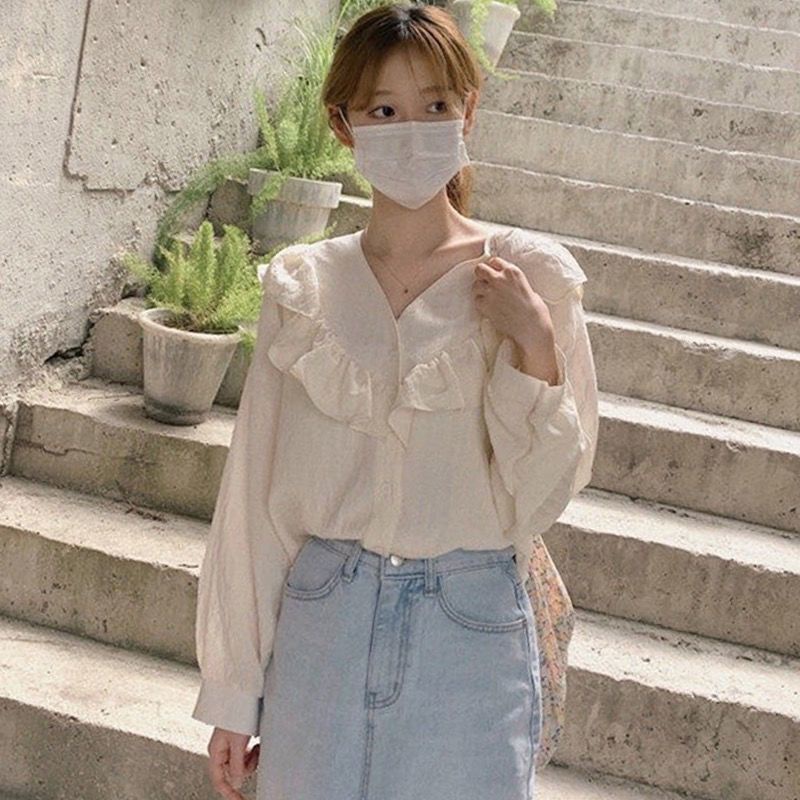 Áo Sơ Mi Tay Dài Cổ Chữ V Phong Cách Hàn Quốc Ngọt Ngào Cho Nữ