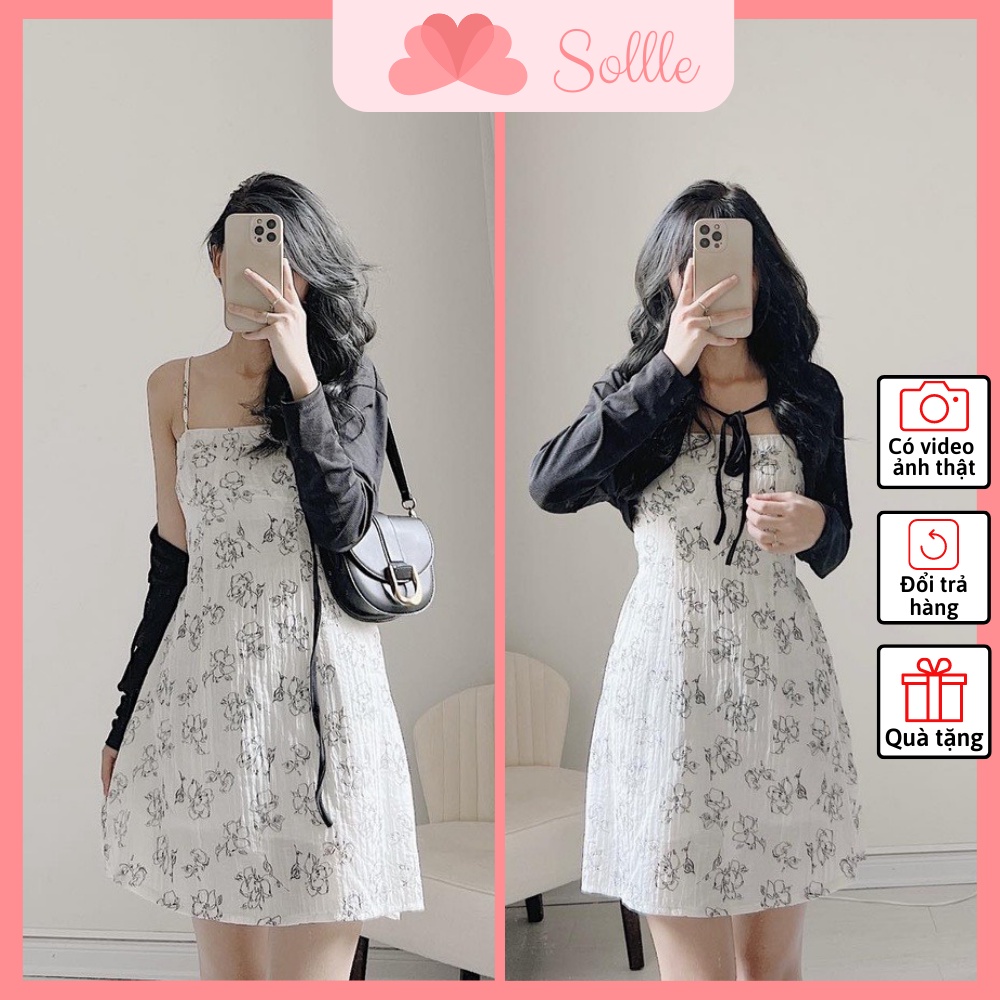 Set váy nữ đầm ngắn 2 dây hoa nhí chun lưng và áo khoác cardigan free size Hàn Quốc Sollle
