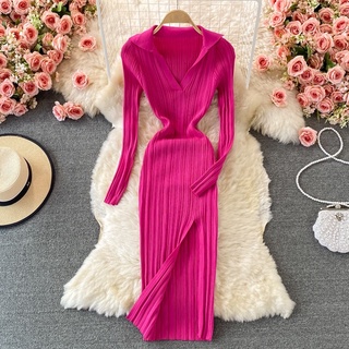 Đầm tay dài, đầm body thun gân tay dài có cổ