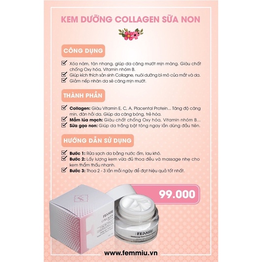 [CHÍNH HÃNG] Kem Dưỡng Trắng Mờ Thâm Nám Collagen Sữa Non Femmiu 30g