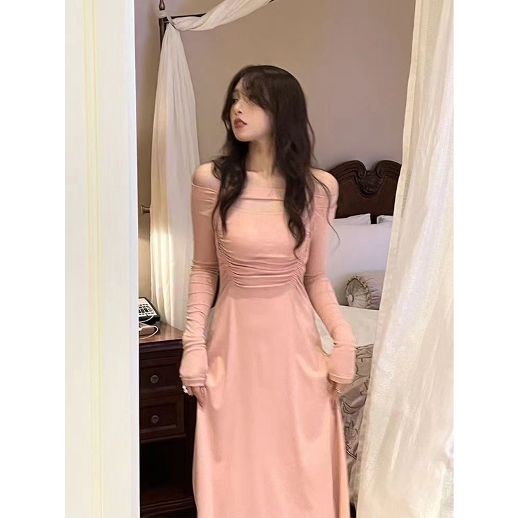 Đầm midi nữ tay dài dáng dài màu hồng thanh lịch xinh xắn 2023