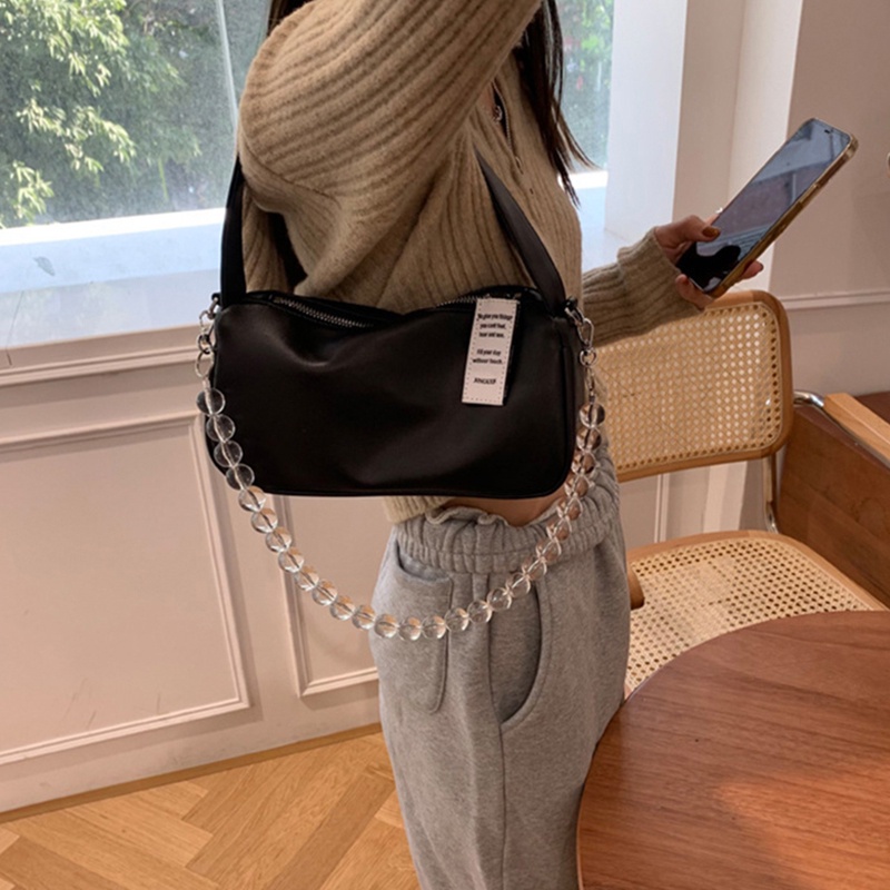 Túi đeo chéo IELGY da mềm màu trơn dây đeo xỏ hạt trong suốt thời trang cho nữ