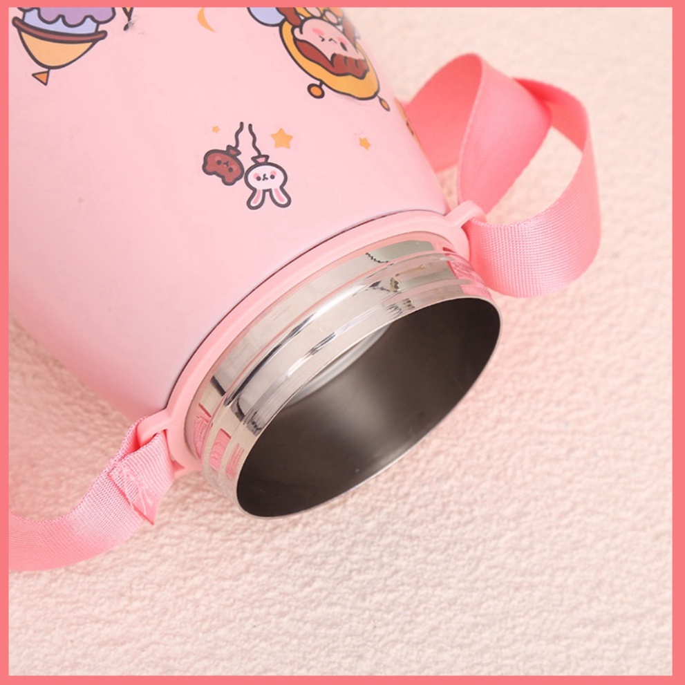 Bình Giữ Nhiệt Cute Có Ống Hút Inox 304 Cao Cấp Không Rỉ Tặng Kèm Sticker Quai Đeo