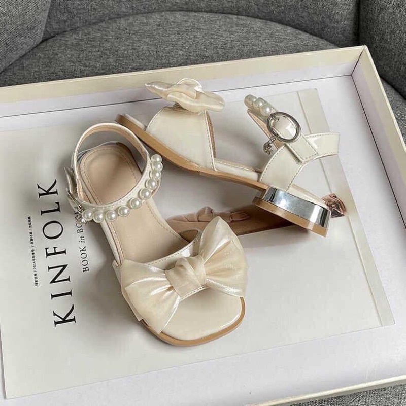 Giày Sandal Nơ Tiểu Thư Bé Gái, Sandal Quai Ngọc Công Chúa Cho Bé Gái