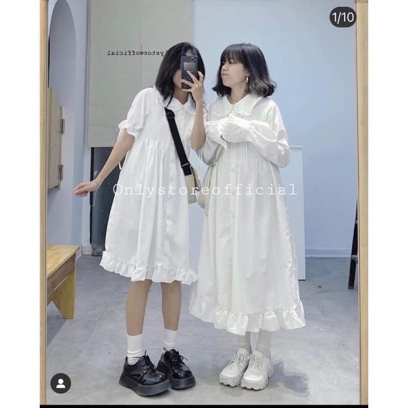 Đầm babydoll nữ, babydoll dáng dài đuôi cá khuy cài, đầm nữ xòe tay bồng, đầm trắng, đầm ulzzang, đầm dự tiệc, đầm suông